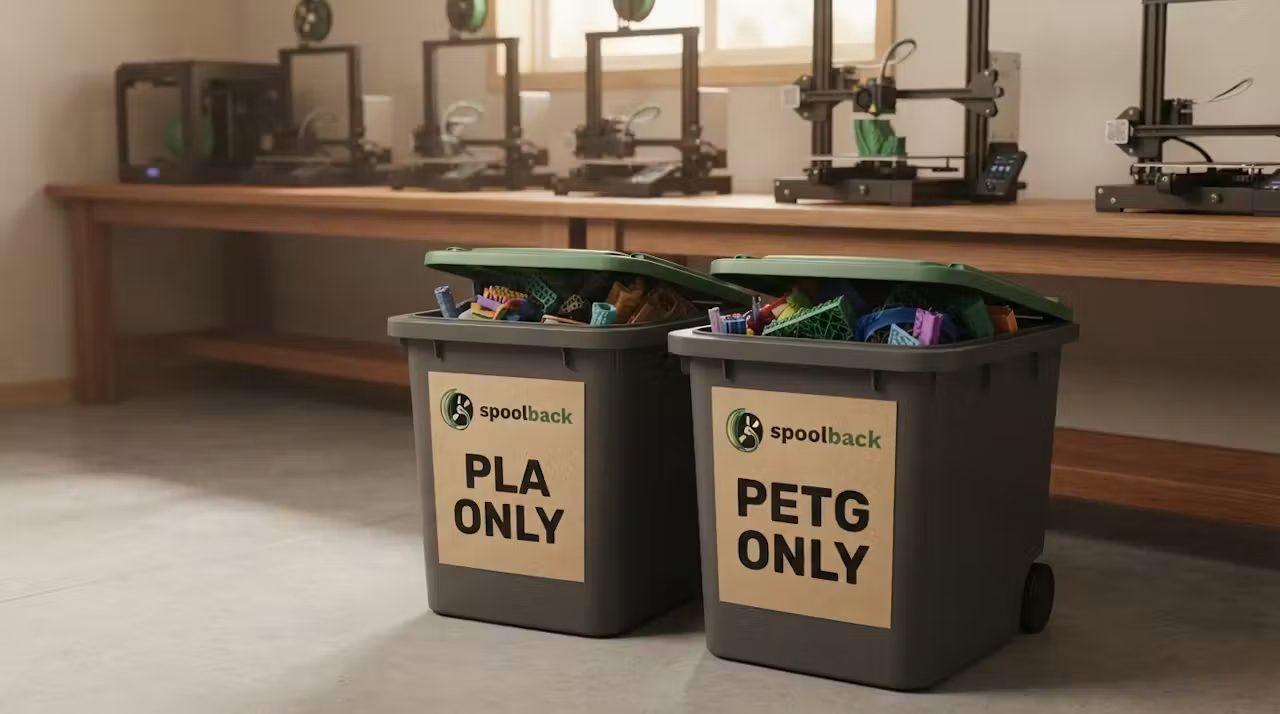 Two Spoolback collection bins in a print shop, labelled PLA ONLY and PETG ONLY, filled with failed prints and supports
