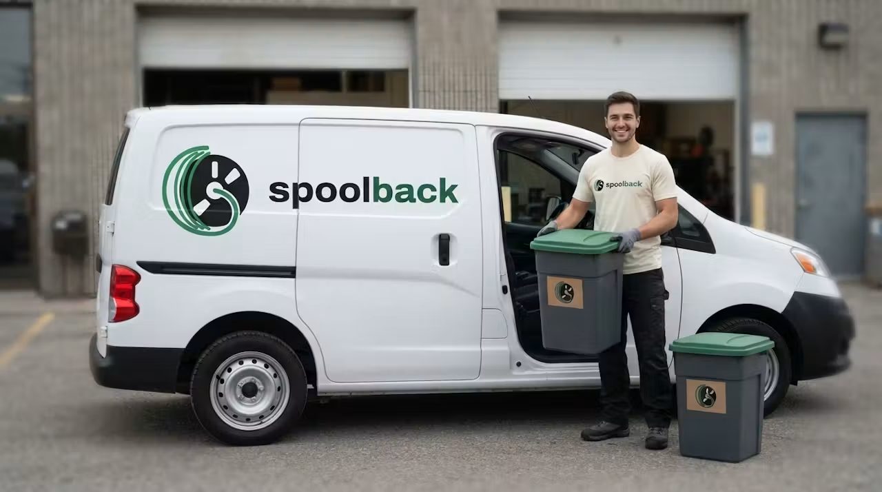 A Spoolback van parked outside a print shop, with a driver in a Spoolback t-shirt holding a green-lidded collection bin